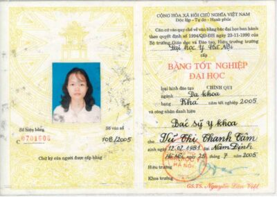 2005 - Bằng tốt nghiệp Đại học ngành Y (Đa khoa) tại Đại học Y Hà Nội