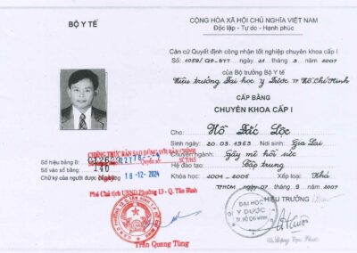 2007 - Cấp bằng Chuyên khoa cấp Chuyên ngành Gây mê hồi sức tại Đại học Y Dược TP. Hồ Chí Minh