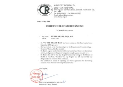 2009 - Chứng chỉ Thường trực Tốt cấp cho MD. Vũ Thị Thanh Tâm tại Bệnh viện Chợ Rẫy