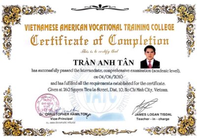 2010 - Chứng chỉ hoàn thành (Trung cấp, kỳ thi tổng hợp - trình độ học thuật) - Trường Cao đẳng Nghề Việt Nam - Mỹ