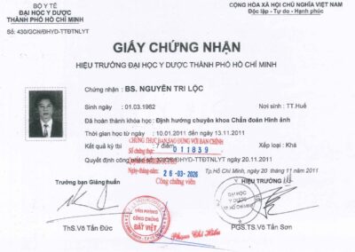 2011 - Giấy chứng nhận hoàn thành khóa học_ Định hướng chuyên khoa Chẩn đoán Hình ảnh tại Đại học Y Dược TP. Hồ Chí Minh