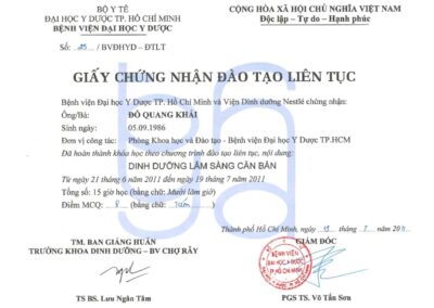 2011 – Giấy chứng nhận đào tạo liên tục_ Dinh dưỡng lâm sàng cận bàn – Bệnh viện ĐH Y Dược TP.HCM
