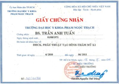 2011 – Giấy chứng nhận_ ĐHCK. Phẫu thuật Tạo hình – Thẩm mỹ KI – Trường ĐH Y Khoa Phạm Ngọc Thạch