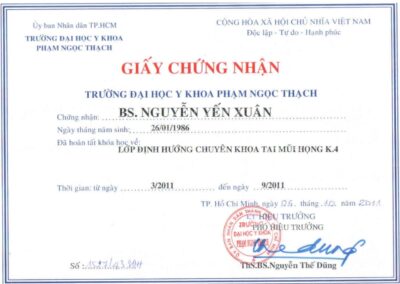 2011_ Giấy chứng nhận hoàn tất khóa học_ _Lớp định hướng chuyên khoa Tai Mũi Họng K.4_ – Trường Đại học Y khoa Phạm Ngọc Thạch