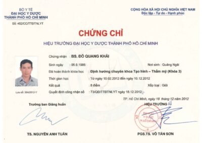 2012 – Chứng chỉ_ Định hướng chuyên khoa Tạo hình – Thẩm mỹ (Khóa 3) – Trường ĐH Y Dược TP.HCM
