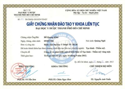 2012 – Giấy chứng nhận đào tạo liên tục_ Tạo hình – Thẩm mỹ vùng mặt – Trường ĐH Y Dược TP.HCM