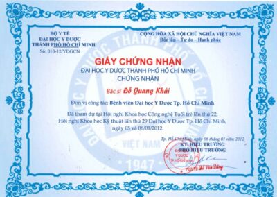 2012 – Giấy chứng nhận_ Hội nghị Khoa học Kỹ thuật lần thứ 29, Đại học Y Dược Tuổi trẻ TP.HCM