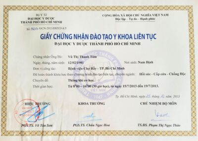 2013 - Giấy chứng nhận đào tạo y khoa liên tục_ Thông khí cơ học tại Đại học Y Dược TP. Hồ Chí Minh