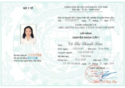 2014 - Bằng chuyên khoa cấp I ngành Gây mê hồi sức tại Đại học Y Dược TP. Hồ Chí Minh