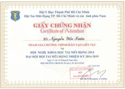 2014_ Giấy chứng nhận tham gia chương trình đào tạo liên tục tại_ _Hội nghị khoa học Tai Mũi Họng 2014_ – Hội Y học Thành phố Hồ Chí Minh
