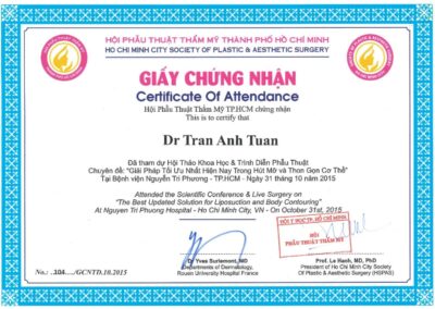 2015 – Certificate of Attendance_ Scientific Conference on _Giải pháp tối ưu nhất hiện nay trong hút mỡ và thon gọn cơ thể_ – Hội PTTM TP.HCM