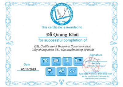 2015 – Chứng chỉ ESL Kỹ thuật Truyền thông – Trường ĐH Y Dược TP.HCM