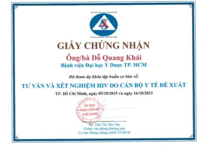 2015 – Giấy chứng nhận_ Tư vấn và xét nghiệm HIV do cán bộ y tế đề xuất – Bệnh viện ĐH Y Dược TP.HCM