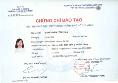 2016_ Chứng chỉ đào tạo_ _Nội soi chẩn đoán bệnh lý Tai Mũi Họng_ – Trường Đại học Y Dược TP. Hồ Chí Minh