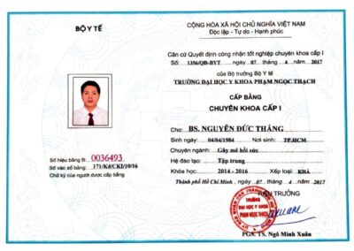 2017 - Cấp bằng Chuyên khoa cấp I_ Chuyên ngành Gây mê hồi sức tại Trường Đại học Y khoa Phạm Ngọc Thạch