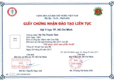 2017 - Giấy chứng nhận đào tạo liên tục_ Hồi phục sớm sau phẫu thuật của Hội Y học TP. Hồ Chí Minh
