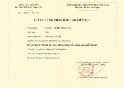 2017 - Giấy chứng nhận đào tạo liên tục_ Tối ưu hóa kỹ thuật gây mê, tăng cường hồi phục sau phẫu thuật tại Bệnh viện Chợ Rẫy