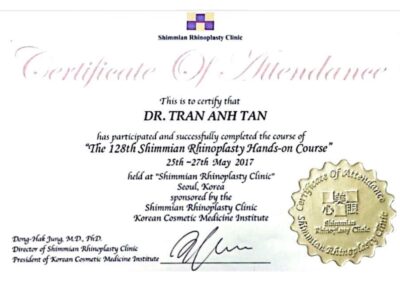 2017 - Giấy chứng nhận tham dự (Khóa học thực hành phẫu thuật nâng mũi Shimmian lần thứ 128) - Phòng khám phẫu thuật nâng mũi Shimmian, Seoul, Hàn Quốc