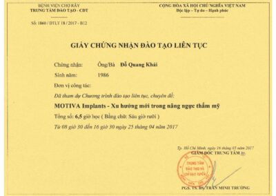 2017 – Giấy chứng nhận đào tạo liên tục_ MOTIVA Implants – Xu hướng mới trong nâng ngực thẩm mỹ – Bệnh viện Chợ Rẫy (6,5 tiết)