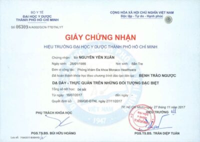 2017_ Giấy chứng nhận hoàn thành khóa đào tạo liên tục_ _Bệnh trào ngược dạ dày - thực quản trên những đối tượng đặc biệt_ – Trường Đại học Y Dược TP. Hồ Chí Minh