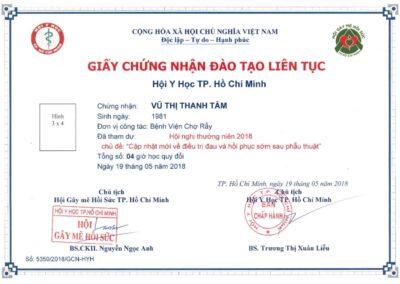 2018 - Giấy chứng nhận đào tạo liên tục_ Hội nghị thường niên 2018 chủ đề “Cập nhật mới về điều trị đau và hồi phục sớm sau phẫu thuật” tại Hội Y Học TP. Hồ Chí Minh