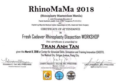 2018 - Giấy chứng nhận tham dự Hội thảo thực hành phẫu thuật tạo hình mũi trên xác tươi (RhinoMaMa 2018) - Manila, Philippines