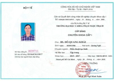 2018 – Bằng Chuyên khoa cấp I_ Phẫu thuật tạo hình – Trường ĐH Y Khoa Phạm Ngọc Thạch (Niên khóa 2015–2017, Xếp loại_ TB-Khá)