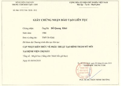 2018 – Giấy chứng nhận đào tạo liên tục_ Cập nhật kiến thức về phẫu thuật tạo hình thẩm mỹ mũi – Bệnh viện Chợ Rẫy