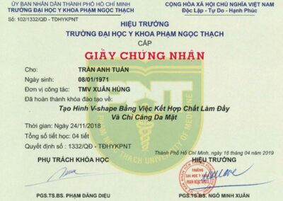 2018 – Giấy chứng nhận đào tạo liên tục_ Tạo hình V-shape bằng việc kết hợp chất làm đầy và chỉ căng da mặt – Trường ĐH Y Khoa Phạm Ngọc Thạch