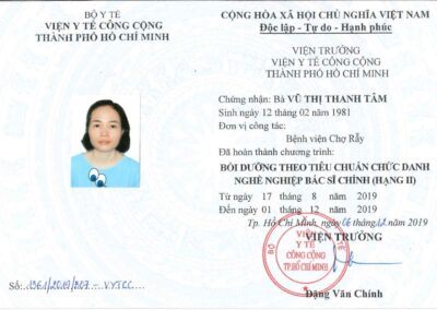 2019 - Chứng nhận hoàn thành chương trình_ Bồi dưỡng theo tiêu chuẩn chức danh nghề nghiệp Bác sĩ chính (Hạng II) tại Viện Y tế Công cộng TP. Hồ Chí Minh