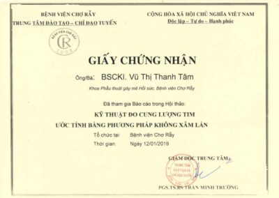 2019 - Giấy chứng nhận báo cáo trong Hội thảo_ Kỹ thuật đo cung lượng tim ước tính bằng phương pháp không xâm lấn tại Bệnh viện Chợ Rẫy