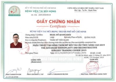 2019 – Giấy chứng nhận Phẫu thuật tạo hình thẩm mỹ mũi tái cấu trúc nâng cao