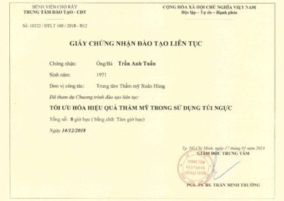 2019 – Giấy chứng nhận đào tạo liên tục_ Tối ưu hóa hiệu quả thẩm mỹ trong sử dụng túi ngực – Bệnh viện Chợ Rẫy