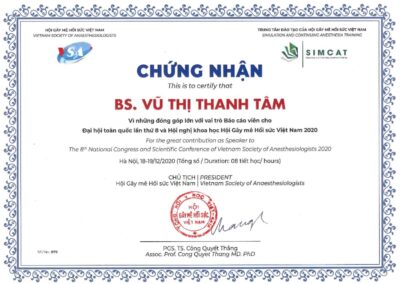 2020 - Chứng nhận vai trò Báo cáo viên cho Đại hội toàn quốc lần thứ 8 và Hội nghị khoa học Hội Gây mê Hồi sức Việt Nam 2020