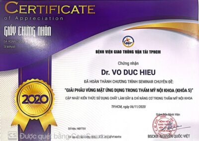 2020 - Giấy chứng nhận hoàn thành chương trình Seminar chuyên đề_ Giải phẫu vùng mặt ứng dụng trong thẩm mỹ nội khoa