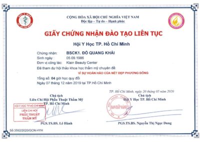 2020 – Giấy chứng nhận đào tạo liên tục_ Vi sự hoàn hảo của nét đẹp phương Đông – Hội Y học TP.HCM _ Liên chi Hội Điều trị Vết thương