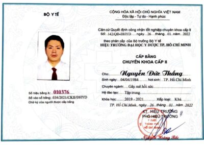 2022 - Cấp bằng Chuyên khoa cấp II_ Chuyên ngành Gây mê hồi sức tại Đại học Y Dược TP. Hồ Chí Minh