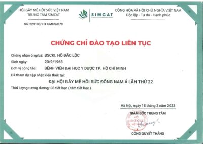 2022 - Chứng chỉ đào tạo liên tục_ Cập nhật kiến thức tại Đại hội Gây mê hồi sức Đông Nam Á lần thứ 22