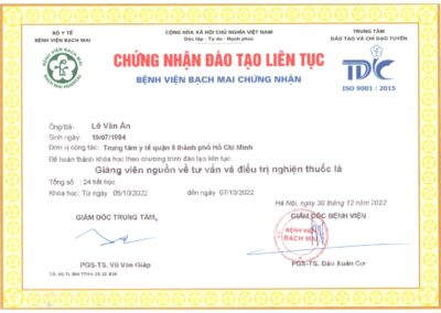 2022 - Chứng nhận Đào tạo liên tục _Giảng viên nguồn về tư vấn và điều trị nghiện thuốc lá_ - Bệnh viện Bạch Mai