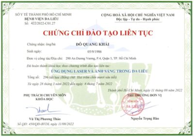 2022 – Chứng chỉ đào tạo liên tục_ Ứng dụng Laser và ánh sáng trong da liễu – Bệnh viện Da liễu TP.HCM
