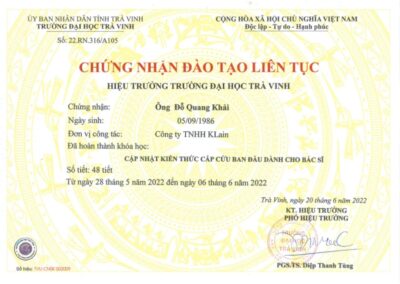 2022 – Chứng nhận đào tạo liên tục_ Cập nhật kiến thức cấp cứu ban đầu cho bác sĩ – Trường ĐH Trà Vinh