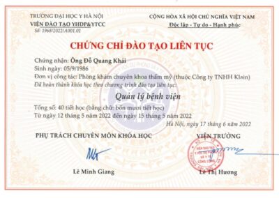 2022 – Chứng nhận đào tạo liên tục_ Quản lý bệnh viện – Viện Đào tạo YHDP & YTCC, Trường ĐH Y Hà Nội