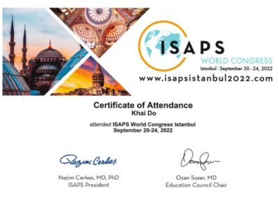 2022 – Giấy chứng nhận ISAPS World Congress Istanbul (Hội nghị Phẫu thuật Tạo hình Thẩm mỹ Thế giới), Istanbul, 20–24_09_2022