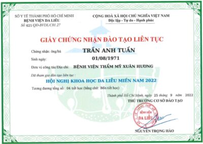 2022 – Giấy chứng nhận đào tạo liên tục_ Hội nghị khoa học da liễu miền nam