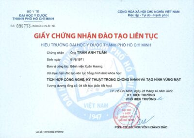 2022 – Giấy chứng nhận đào tạo liên tục_ Tích hợp công nghệ, kỹ thuật trong chống nhăn và tạo hình vùng mặt – Trường ĐH Y Dược TP.HCM