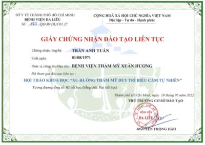 2022 – Giấy chứng nhận đào tạo liên tục_ Xu hướng thẩm mỹ duy trì biểu cảm tự nhiên – Bệnh viện Da liễu TP.HCM