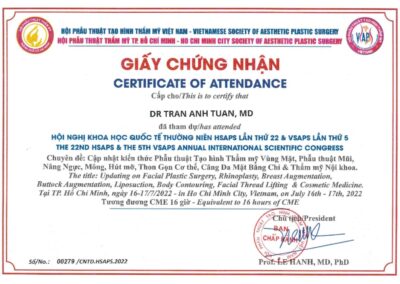 2022 – Giấy chứng nhận hội nghị khoa học quốc tế thường niên HSAPS lần thứ 22 & VSAPS lần thứ 5