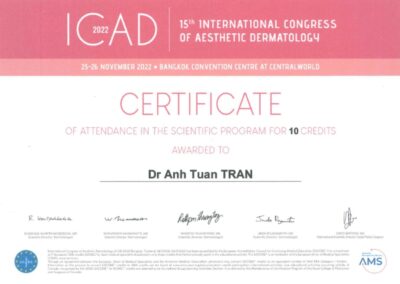 2022 – Giấy chứng nhận tham dự_ ICAD – Hội nghị Quốc tế về Da liễu Thẩm mỹ lần thứ 15 – Trung tâm Hội nghị Bangkok