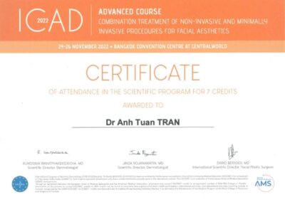 2022 –Giấy chứng nhận tham dự_ ICAD – Khóa học nâng cao_ Điều trị kết hợp các thủ thuật không xâm lấn và xâm lấn tối thiểu trong thẩm mỹ khuôn mặt – Trung tâm Hội nghị Bangkok