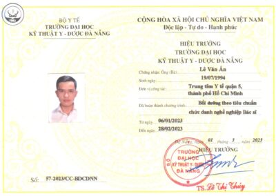 2023 - Chứng nhận Bồi dưỡng theo tiêu chuẩn chức danh nghề nghiệp Bác sĩ - Trường Đại học Kỹ thuật Y - Dược Đà Nẵng